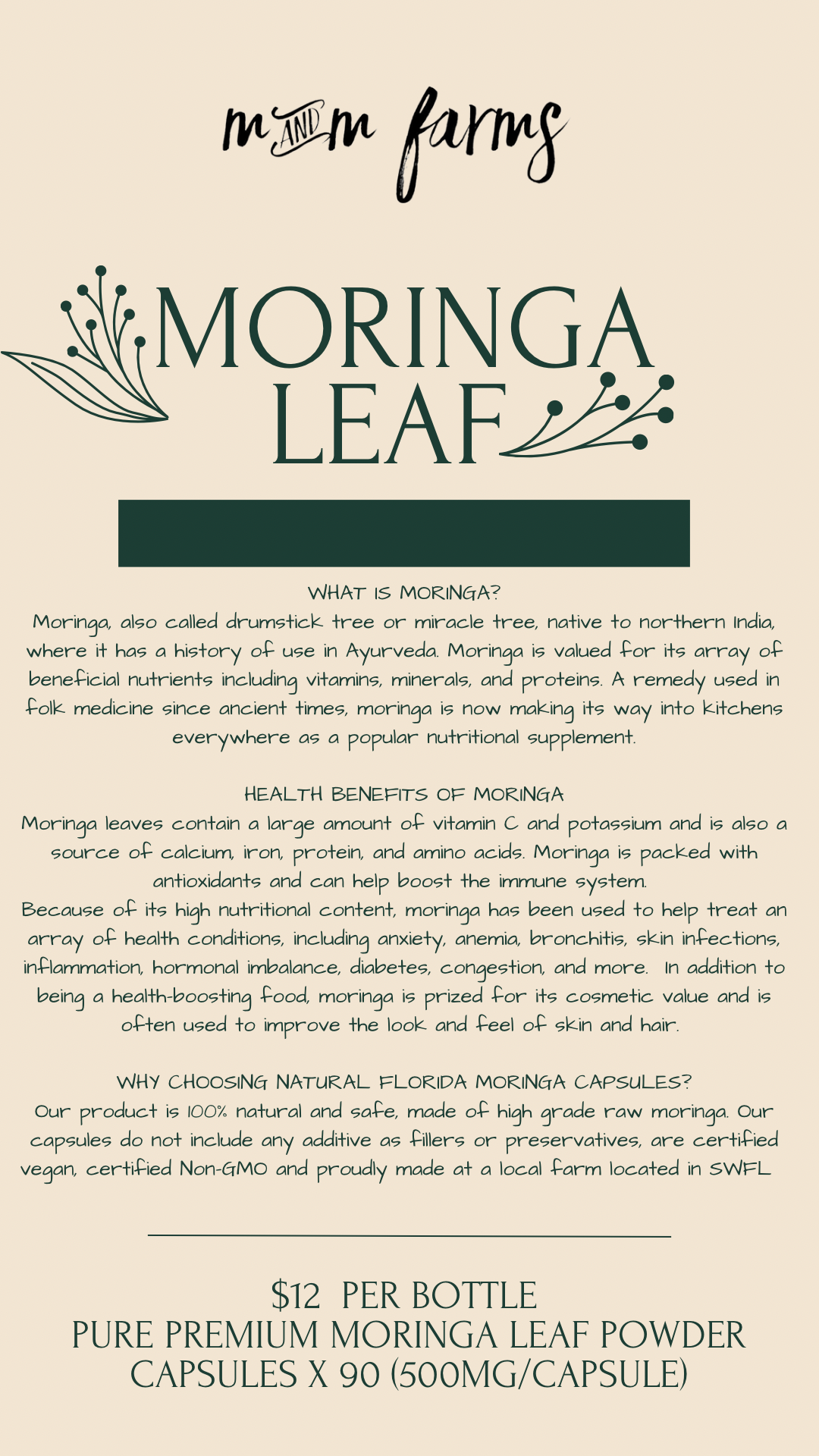 Pure Premium Moringa Leaf Powder Capsules x 90 (500mg/capsule)